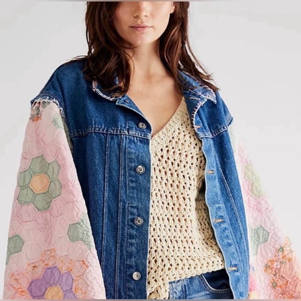 Nwt Free people x Tricia Fix Blue Denim patch work bell sleeve Jacket nwt - Picture 2 of 9